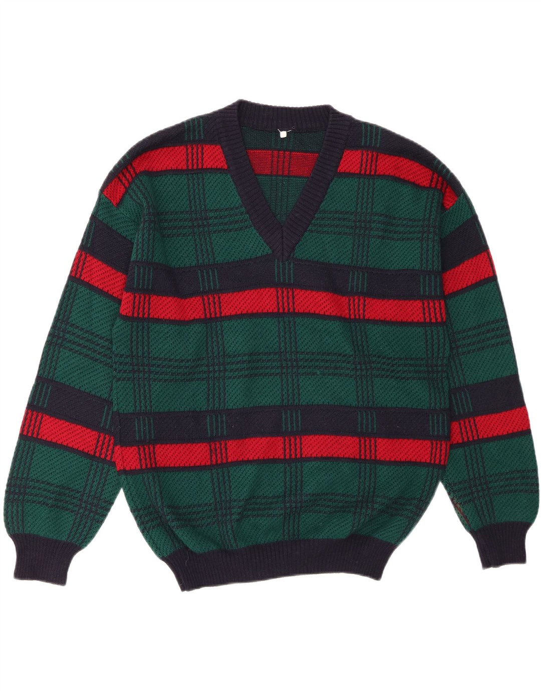 VINTAGE Mens V-Neck Jumper Sweater Large Green Striped Wool
