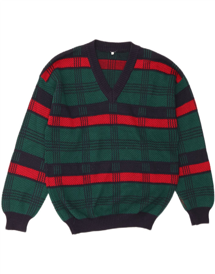 VINTAGE Mens V-Neck Jumper Sweater Large Green Striped Wool