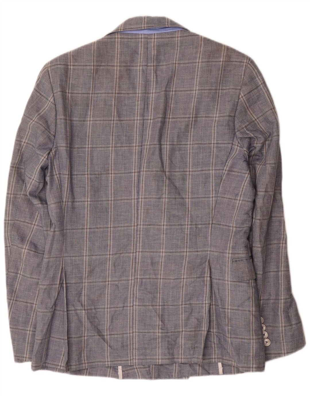 Zara Mens Double Breasted Blazer Jacket EU 48 Medium Navy Blue Check Cotton