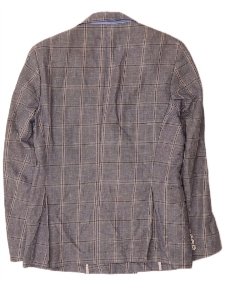 Zara Mens Double Breasted Blazer Jacket EU 48 Medium Navy Blue Check Cotton