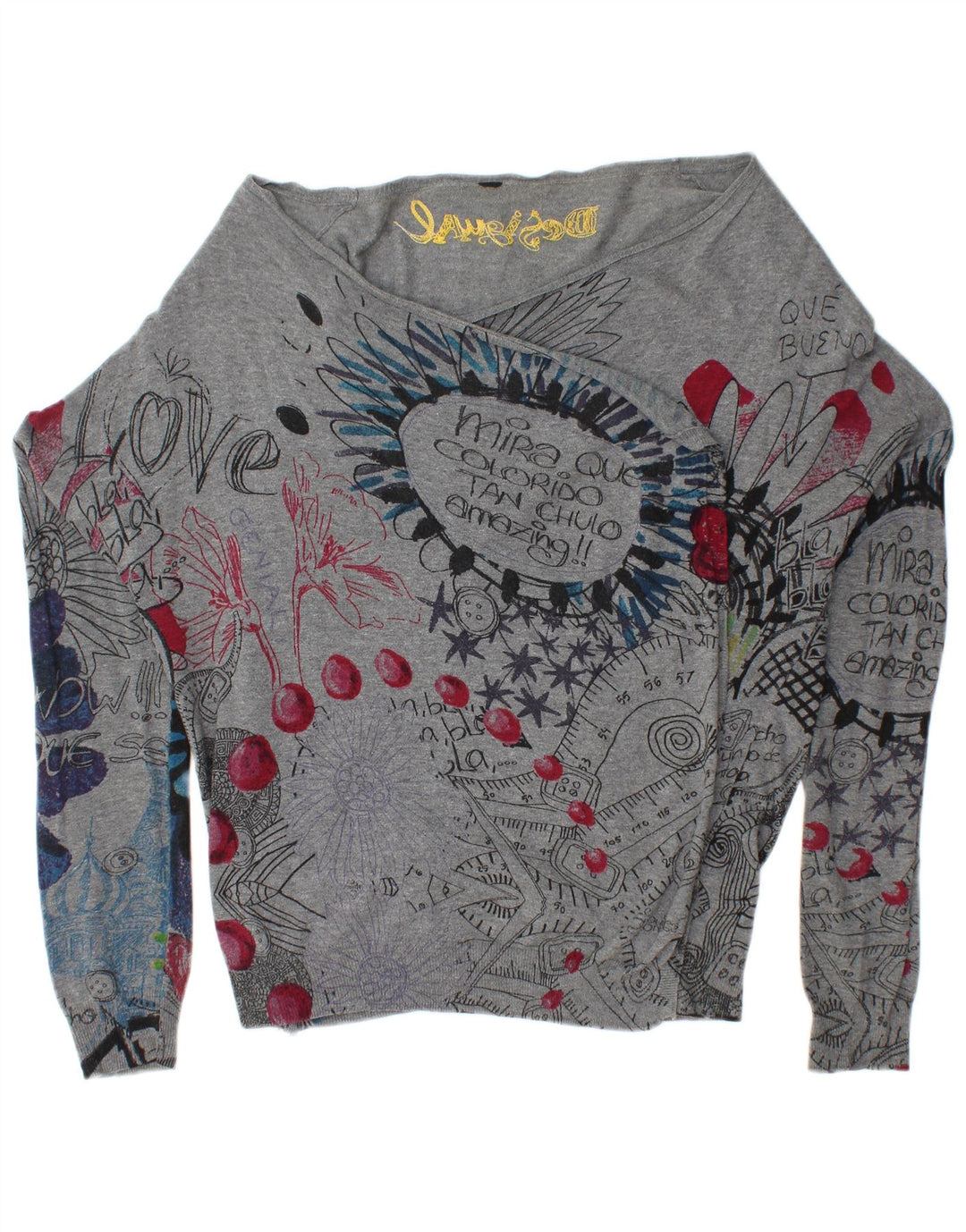 DESIGUAL Womens Graphic Cardigan Sweater UK 16 Large Grey