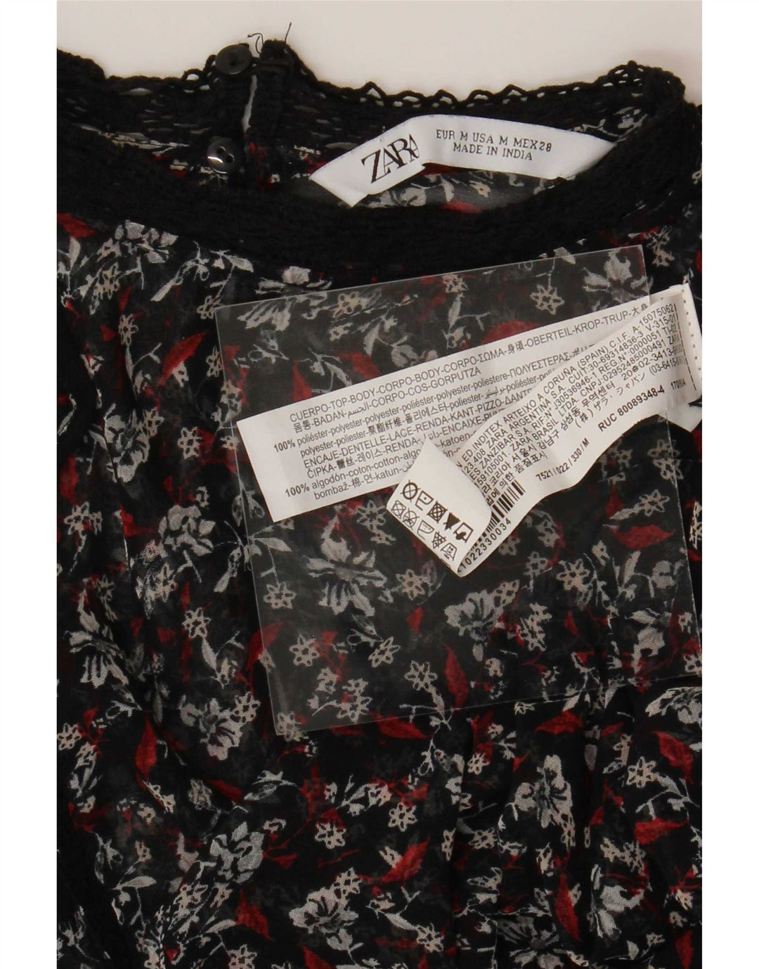 Zara Womens Long Sleeve Blouse Top UK 14 Medium Black Floral Polyester