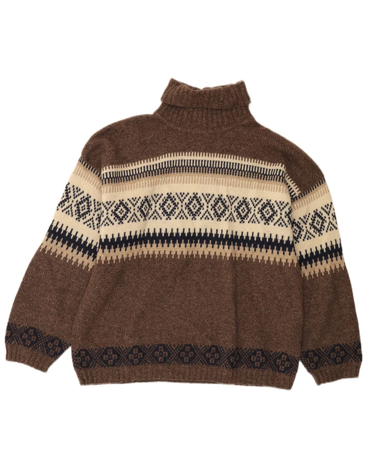 Lemon Mens Roll Neck Jumper Sweater Medium Brown Fair Isle Wool