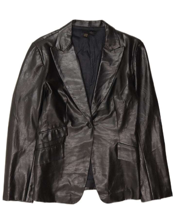 Zara Womens 1 Button Faux Leather Blazer Jacket EU 40 Medium Black Cotton