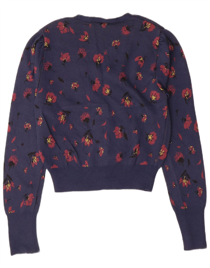 ZARA Womens Crop Cardigan Sweater UK 10 Small Navy Blue Floral Polyamide