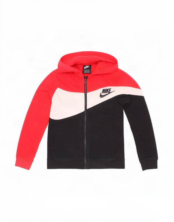 Nike Boys Graphic Zip Hoodie Sweater 8-9 Years Small Red Colourblock Cotton