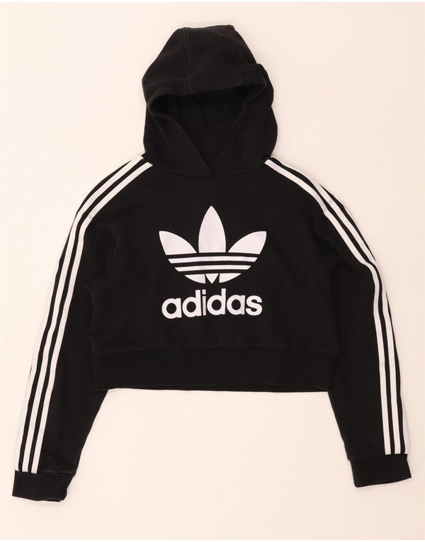 ADIDAS Girls Crop Graphic Hoodie Jumper 11-12 Years Black Cotton