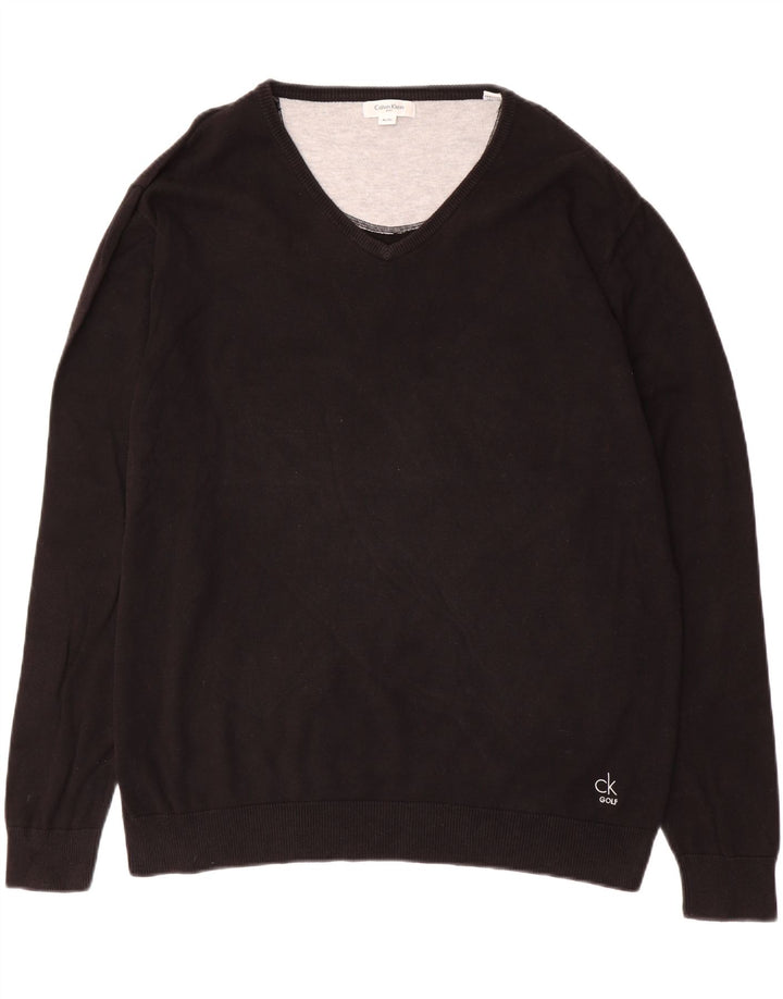 CALVIN KLEIN Mens Golf V-Neck Jumper Sweater XL Black Cotton
