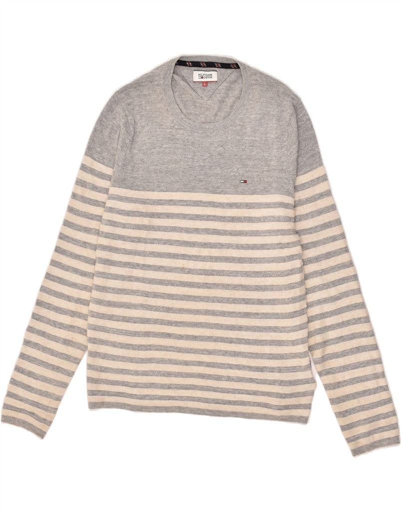 TOMMY HILFIGER Mens Crew Neck Jumper Sweater Large Grey Striped Cotton | Vintage Tommy Hilfiger | Thrift | Second-Hand Tommy Hilfiger | Used Clothing | Messina Hembry 