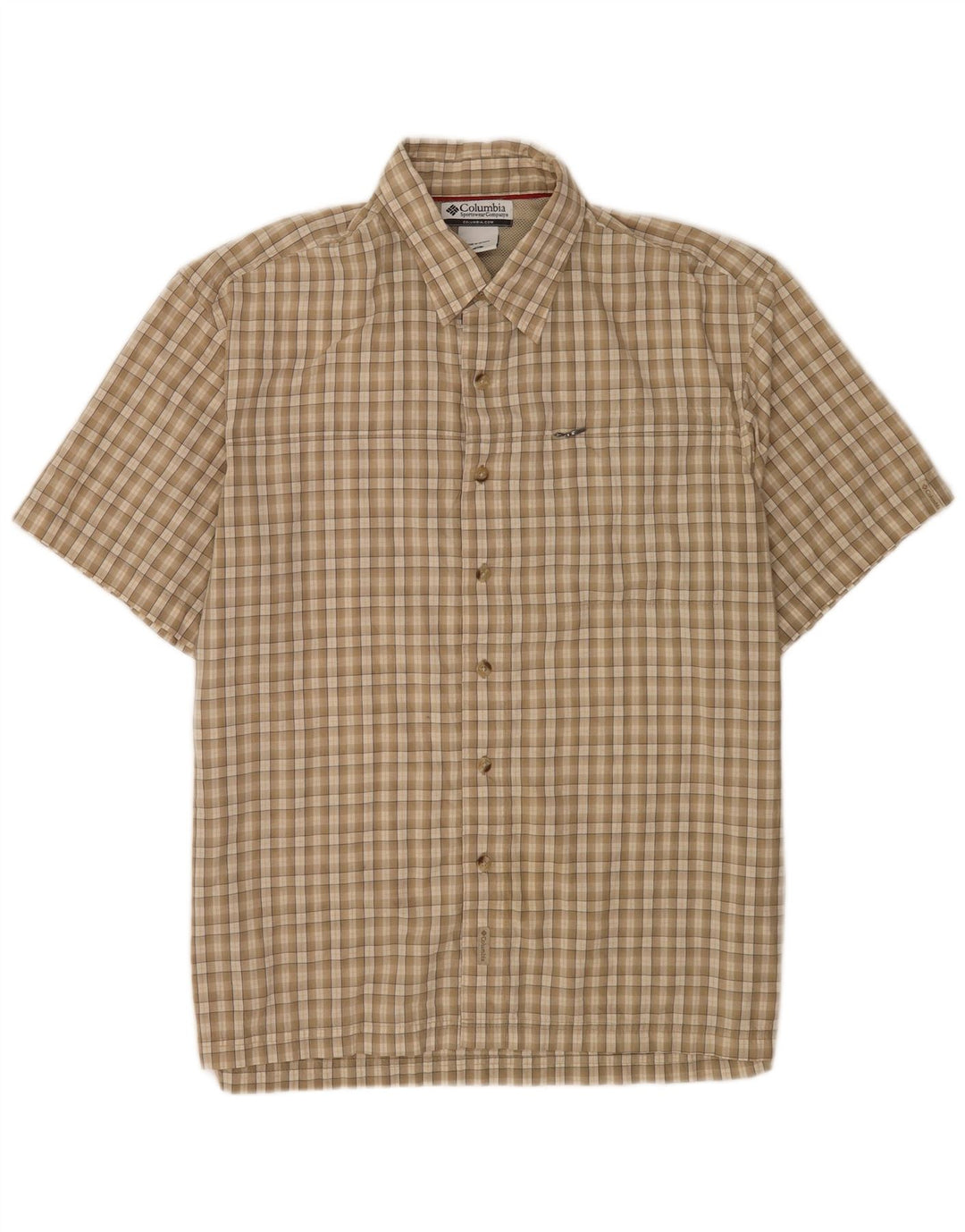 Columbia Mens Short Sleeve Regular Fit Shirt Medium Beige Check Cotton