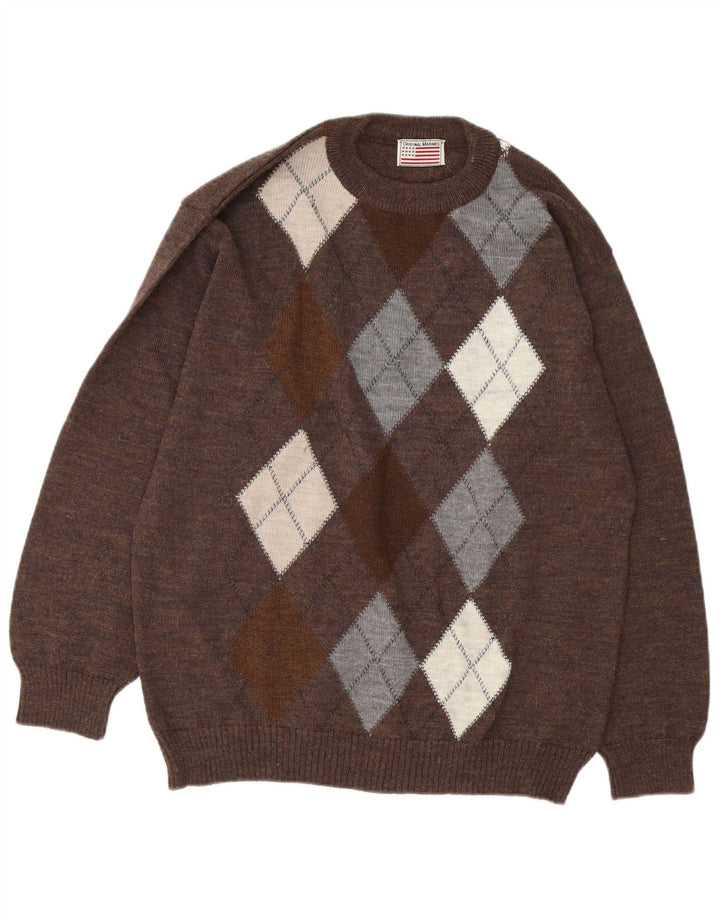 Vintage Mens Crew Neck Jumper Sweater Large Brown Argyle/Diamond