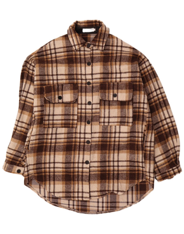 Vintage Womens Oversized Flannel Shirt Dress UK 10 Small Brown Check Cotton