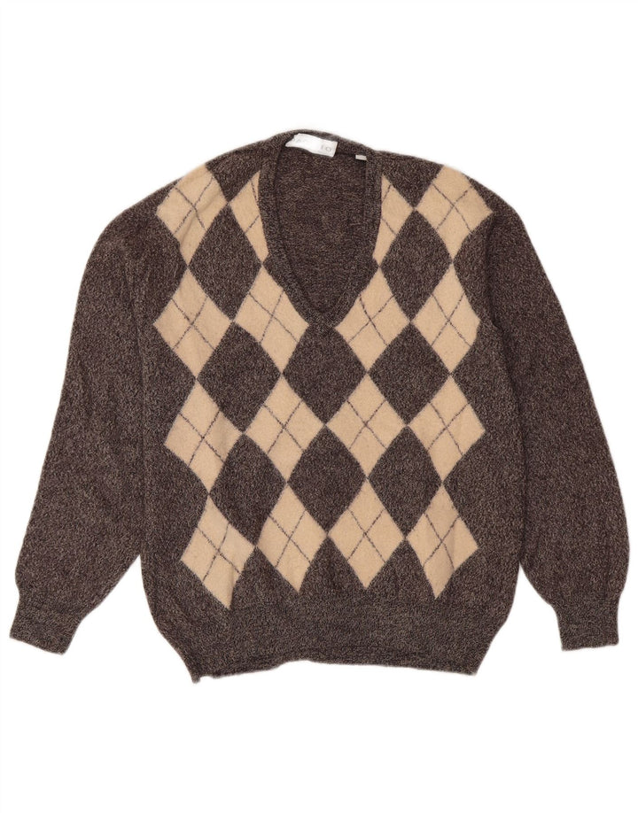 PAQUITO Womens V-Neck Jumper Sweater UK 14 Medium Grey Argyle/Diamond