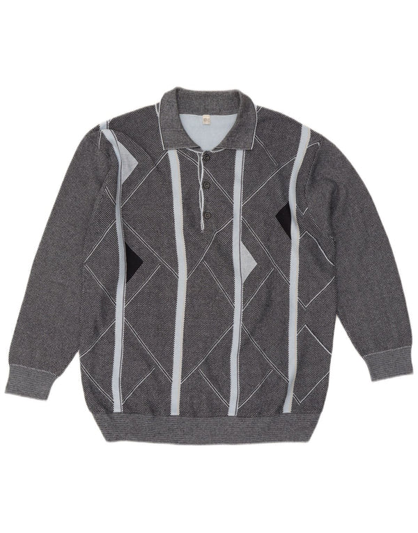 Vintage Mens Polo Neck Jumper Sweater IT 56 XL Grey Geometric Cotton