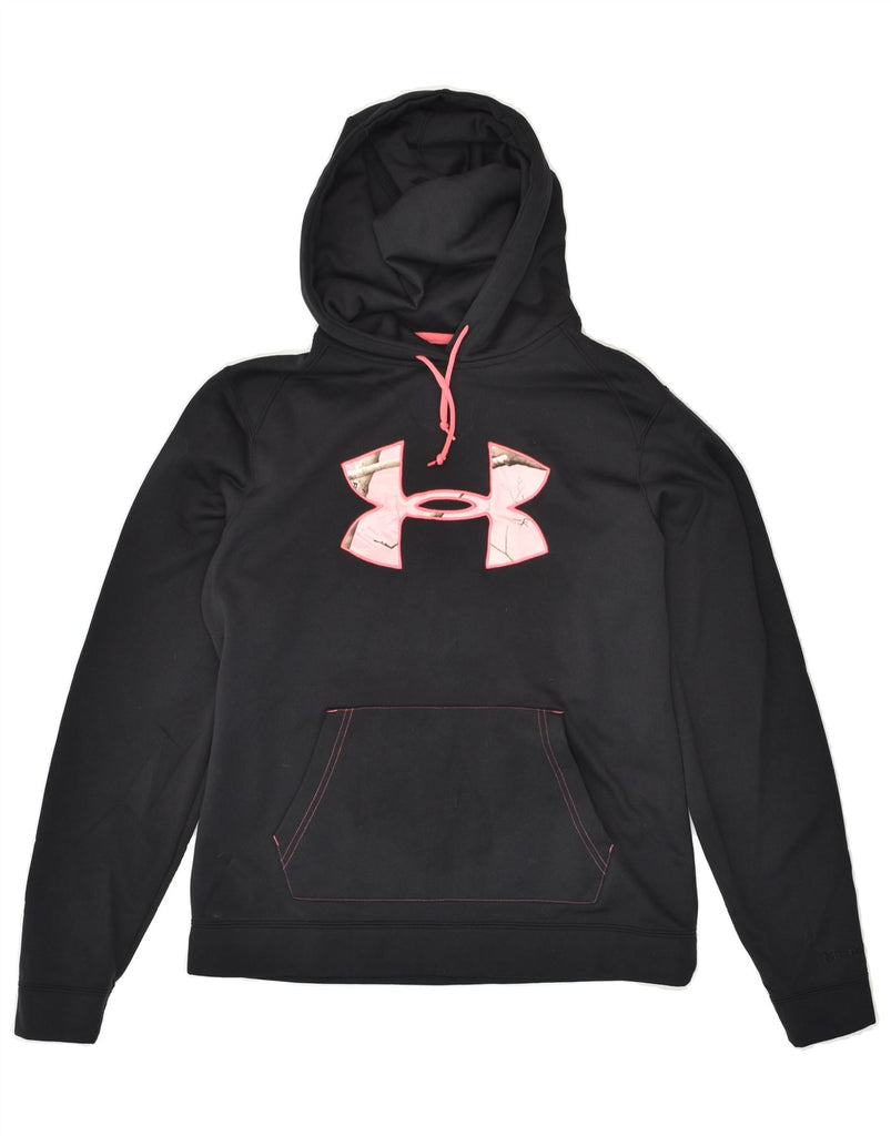 UNDER ARMOUR Womens Graphic Hoodie Jumper UK 14 Medium Black Polyester | Vintage Under Armour | Thrift | Second-Hand Under Armour | Used Clothing | Messina Hembry 