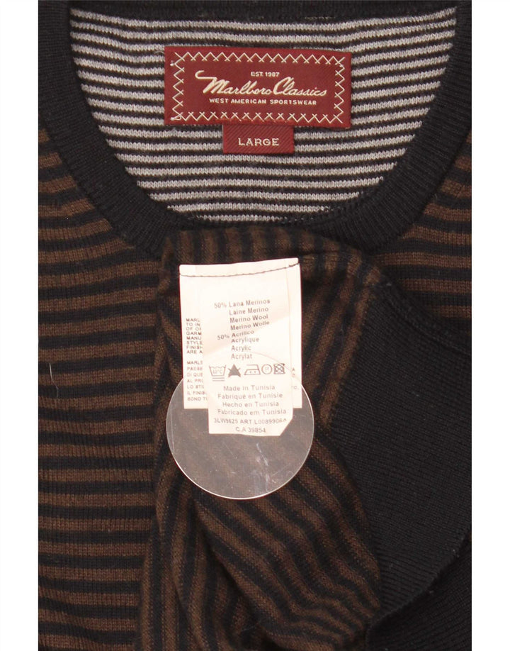 Marlboro Classics Mens Crew Neck Jumper Sweater Large Brown Pinstripe Wool