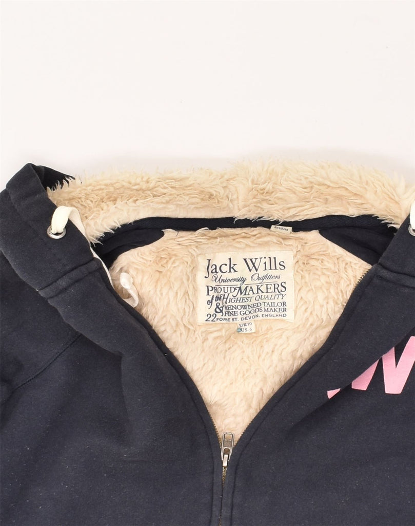 JACK WILLS Womens Sherpa Graphic Zip Hoodie Sweater UK 10 Small Navy Blue | Vintage Jack Wills | Thrift | Second-Hand Jack Wills | Used Clothing | Messina Hembry 