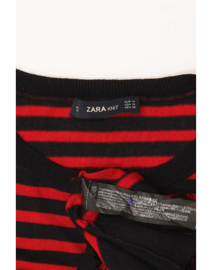 Zara Womens Crew Neck Jumper Sweater UK 12 Medium Red Striped Modal