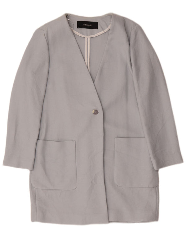 Zara Womens Longline 1 Button Blazer Jacket UK 14 Medium Blue Cotton