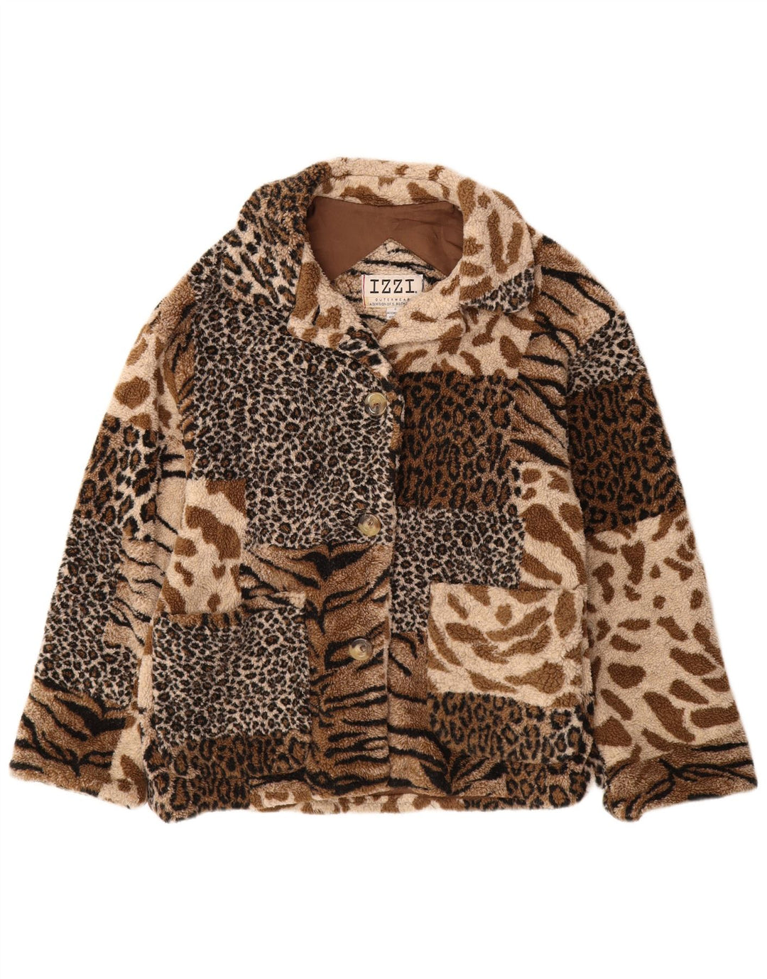 IZZI Womens Oversized Fleece Jacket UK 10 Small Brown Animal Print Acrylic