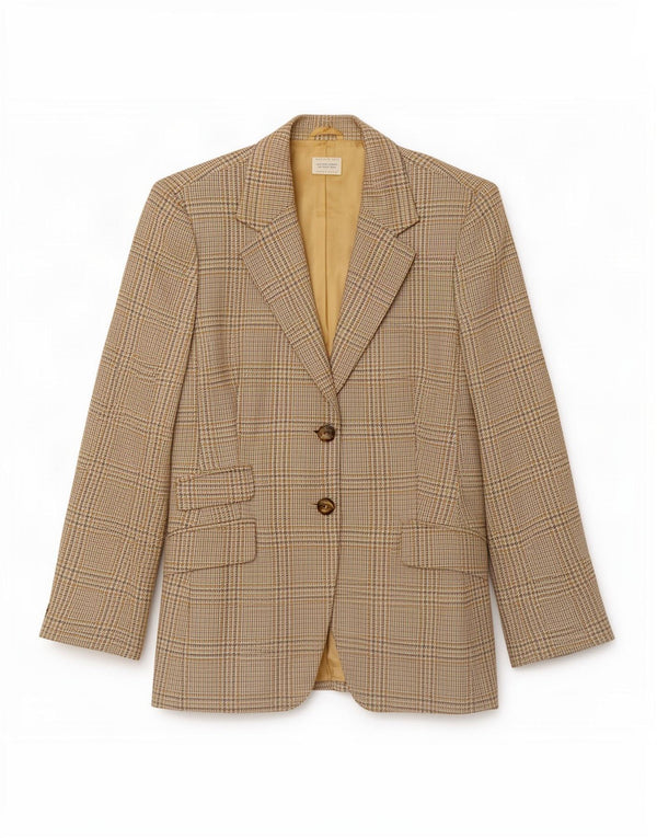 Benetton Womens 2 Button Blazer Jacket IT 46 Large Beige Houndstooth Wool