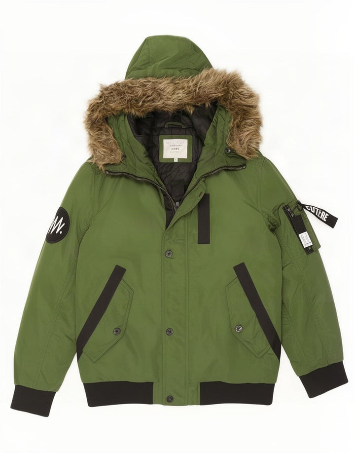 Jack & Jones Mens Hooded Padded Bomber Jacket UK 40 Large Green Polyester