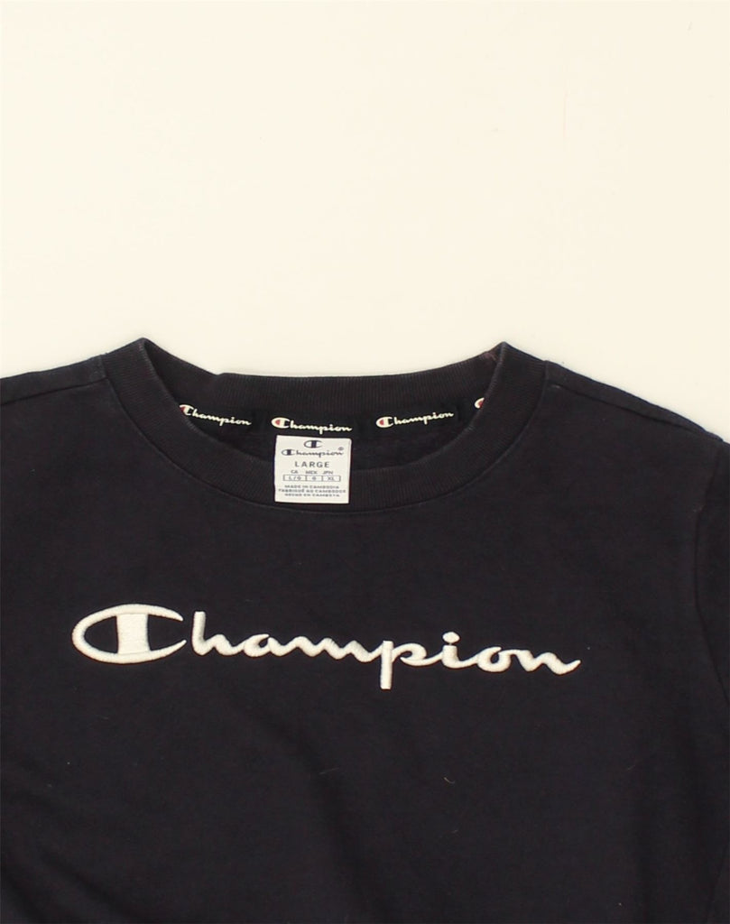 CHAMPION Womens Graphic Sweatshirt Jumper UK 14 Large Black Cotton | Vintage Champion | Thrift | Second-Hand Champion | Used Clothing | Messina Hembry 