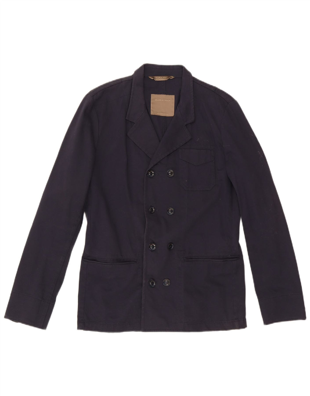 Zara Mens Double Breasted Blazer Jacket UK 38 Medium Navy Blue Cotton