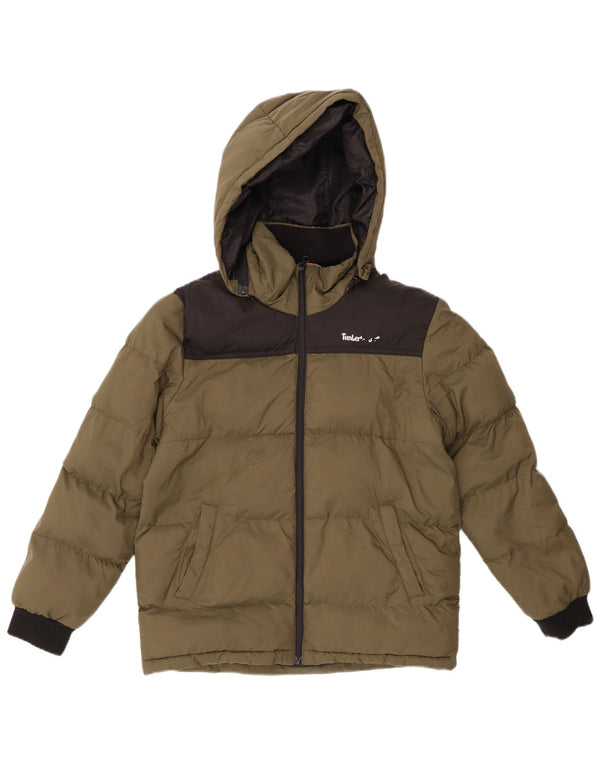 TIMBERLAND Boys Hooded Padded Jacket 11-12 Years XS Khaki Colourblock