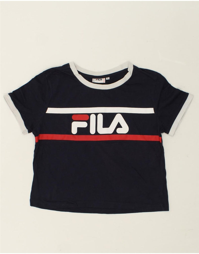 FILA Womens Crop Graphic T-Shirt Top UK 6 XS Navy Blue Cotton | Vintage Fila | Thrift | Second-Hand Fila | Used Clothing | Messina Hembry 