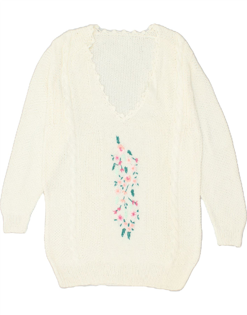 VINTAGE Womens V-Neck Jumper Sweater UK 12 Medium White Floral | Vintage Vintage | Thrift | Second-Hand Vintage | Used Clothing | Messina Hembry 