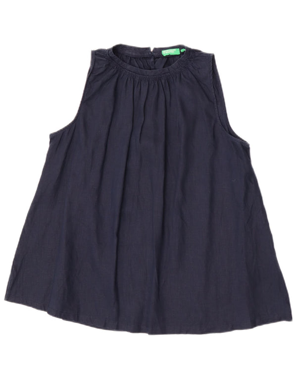 Benetton Womens Sleeveless Blouse Top UK 10 Small Navy Blue Linen