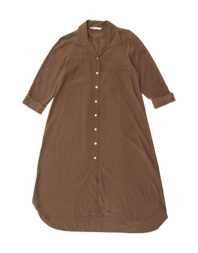 ZARA Womens 3/4 Sleeve Shirt Dress UK 14 Medium Brown Lyocell Vintage Zara and Second-Hand Zara from Messina Hembry 