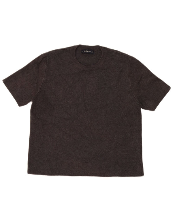 Zara Womens Short Sleeve Crew Neck Jumper Sweater UK 14 Medium Brown