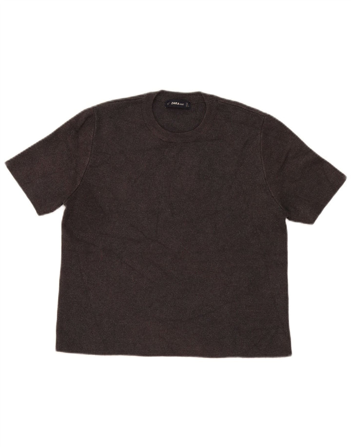 Zara Womens Short Sleeve Crew Neck Jumper Sweater UK 14 Medium Brown