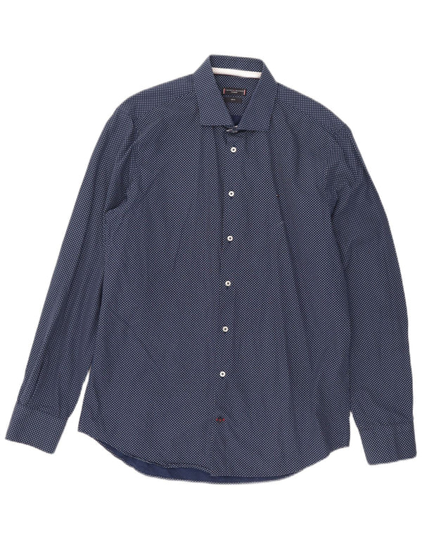 Tommy Hilfiger Mens Slim Fit Shirt Size 41 16 Large Navy Blue Spotted