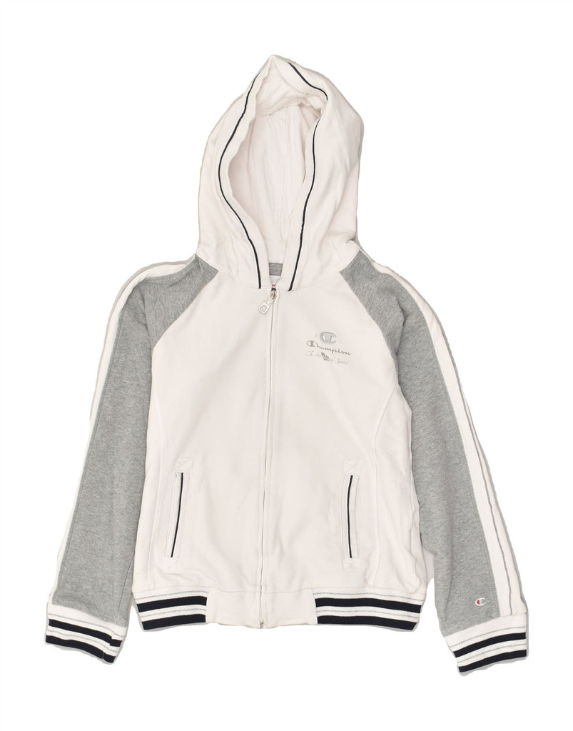 CHAMPION Girls Zip Hoodie Sweater 9-10 Years Medium Off White Colourblock | Vintage Champion | Thrift | Second-Hand Champion | Used Clothing | Messina Hembry 