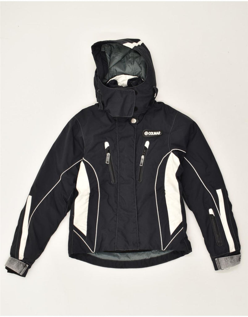 COLMAR Womens Hooded Ski Jacket EU 40 Medium Black Colourblock Nylon | Vintage Colmar | Thrift | Second-Hand Colmar | Used Clothing | Messina Hembry 