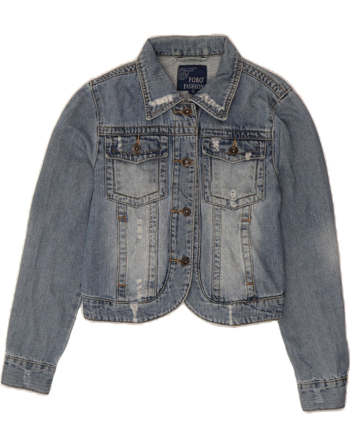 VINTAGE Womens Crop Denim Jacket UK 10 Small Blue Cotton Vintage Vintage and Second-Hand Vintage from Messina Hembry 