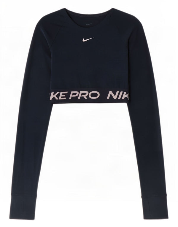Nike Womens Dri Fit Crop Graphic Top Long Sleeve UK 4 XS Navy Blue