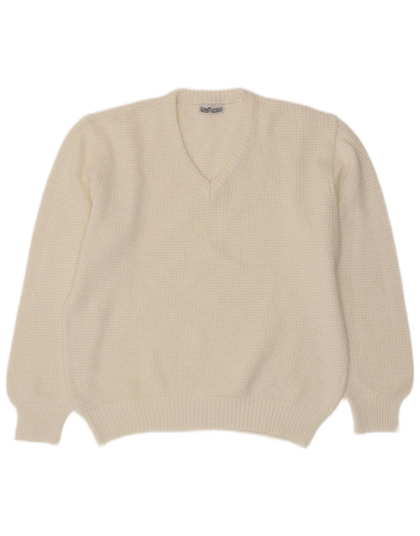Giramondo Womens V-Neck Jumper Sweater UK 12 Medium White Cotton