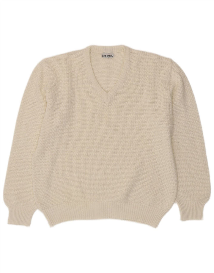 Giramondo Womens V-Neck Jumper Sweater UK 12 Medium White Cotton