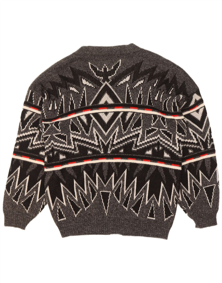Vintage Mens Cardigan Sweater XL Grey Geometric Acrylic