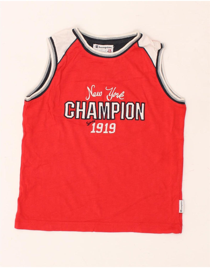 CHAMPION Boys New York Graphic Vest Top 7-8 Years Red Colourblock Cotton | Vintage Champion | Thrift | Second-Hand Champion | Used Clothing | Messina Hembry 