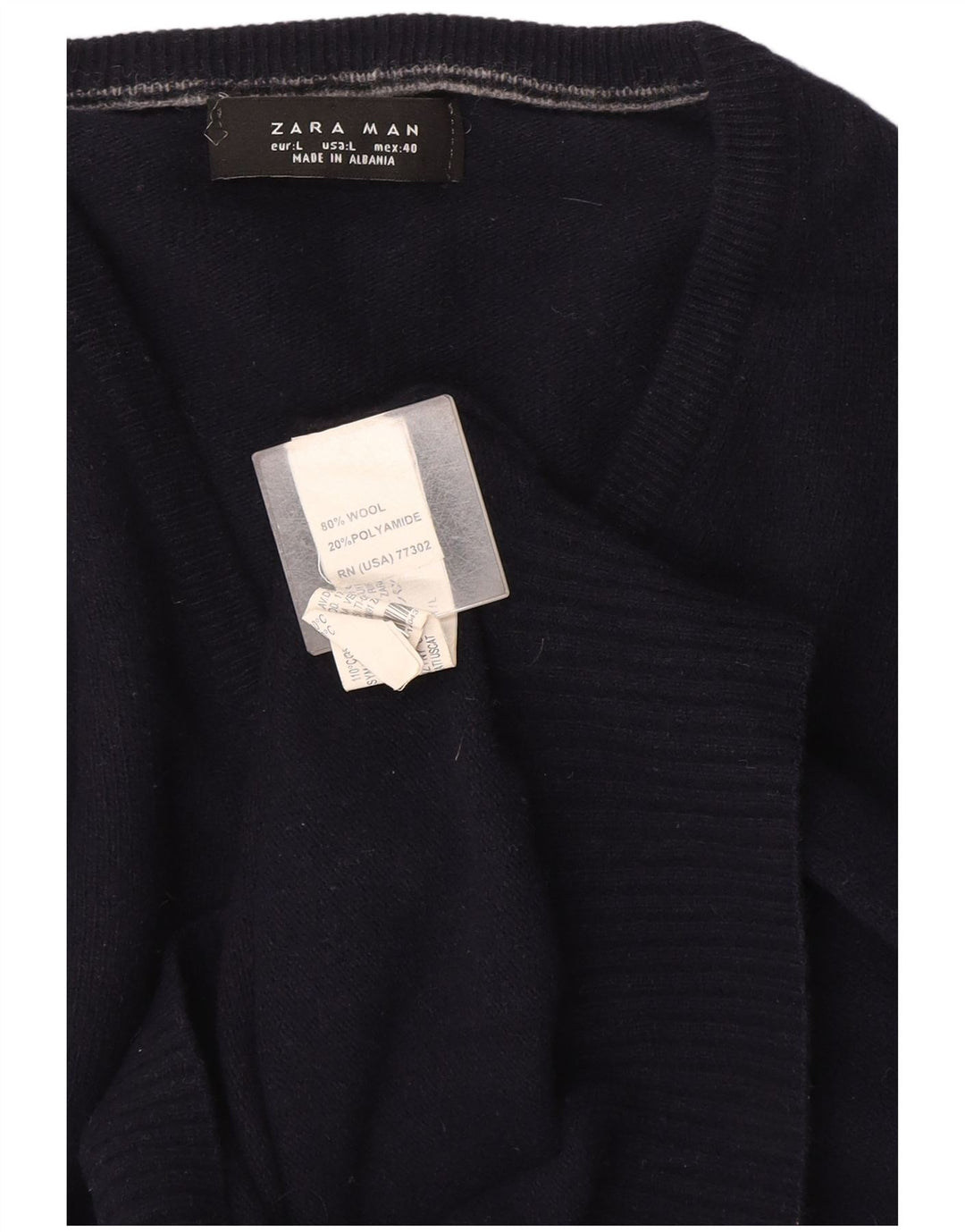 Zara Mens V-Neck Jumper Sweater Large Navy Blue Wool