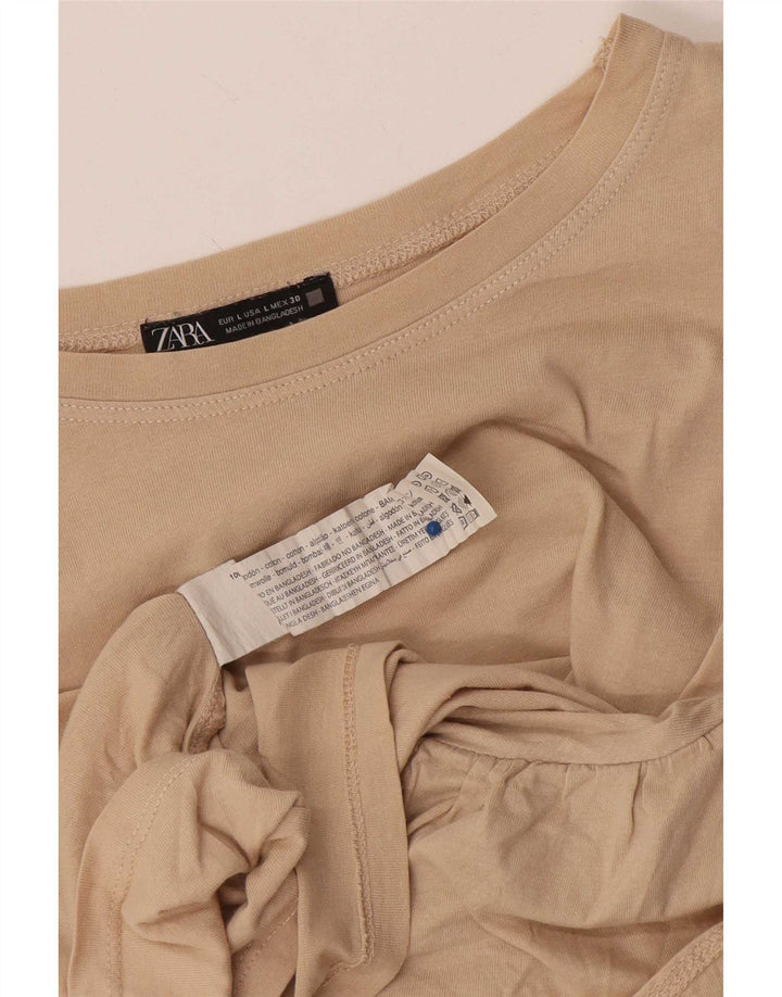 Zara Womens Crop Batwing Blouse Top UK 14 Large Beige Cotton