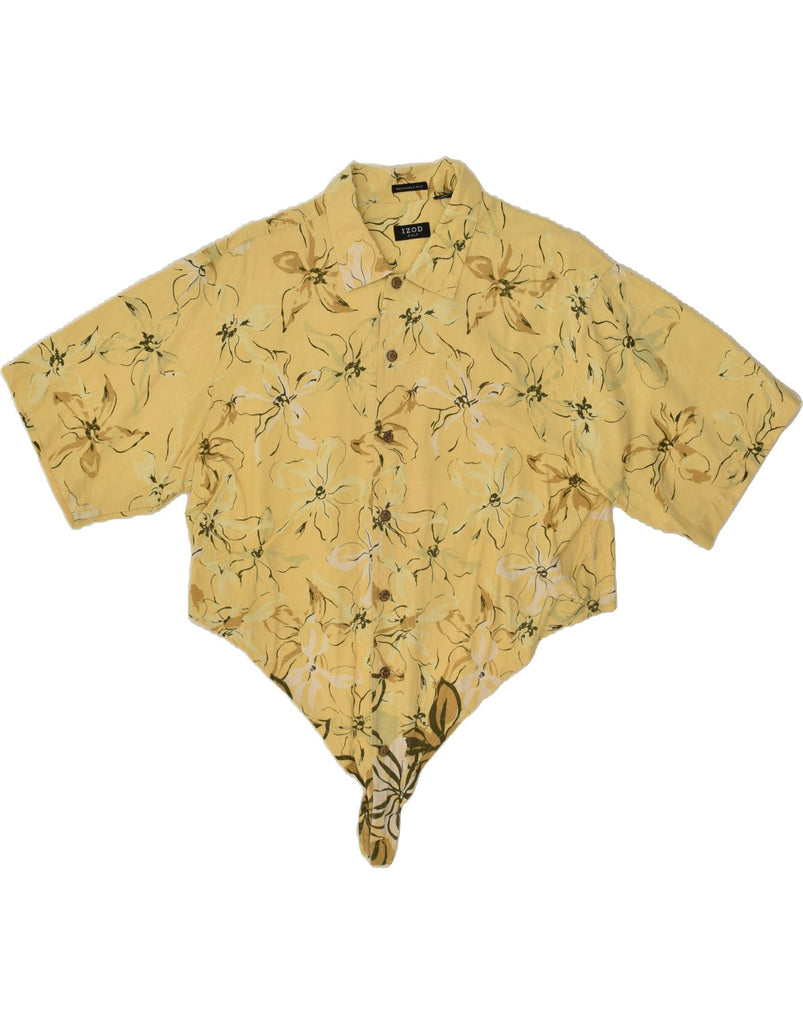 IZOD Womens Crop Front Tie Shirt Blouse UK 14 Large Yellow Floral Silk Vintage Izod and Second-Hand Izod from Messina Hembry 