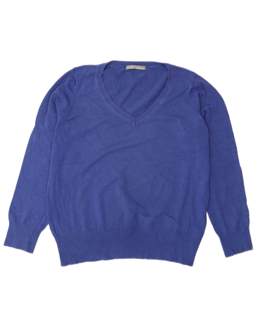 Marks & Spencer Womens V-Neck Jumper Sweater UK 16 Large Blue Polyamide
