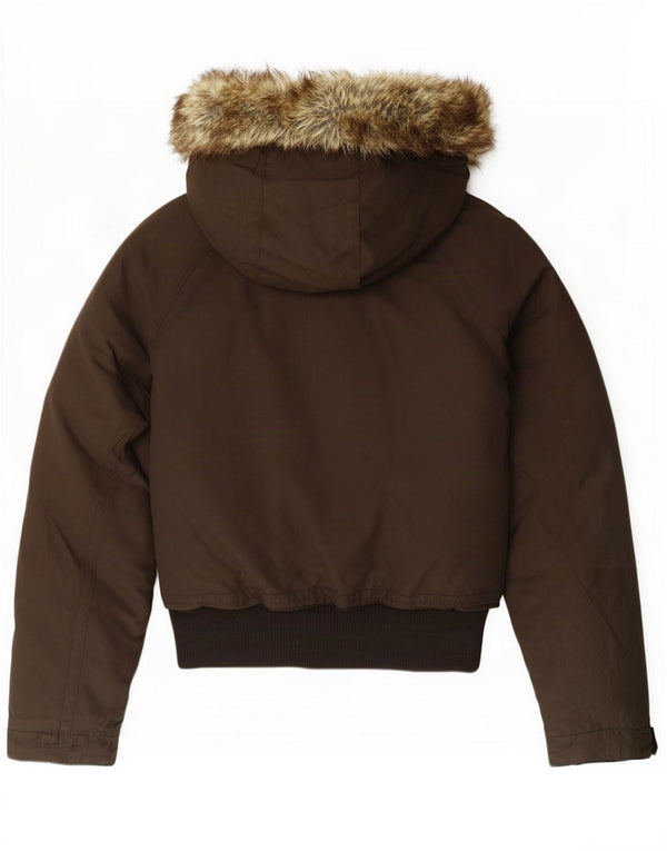 Woolrich Womens Hooded Padded Bomber Jacket UK 14 Large Brown Cotton
