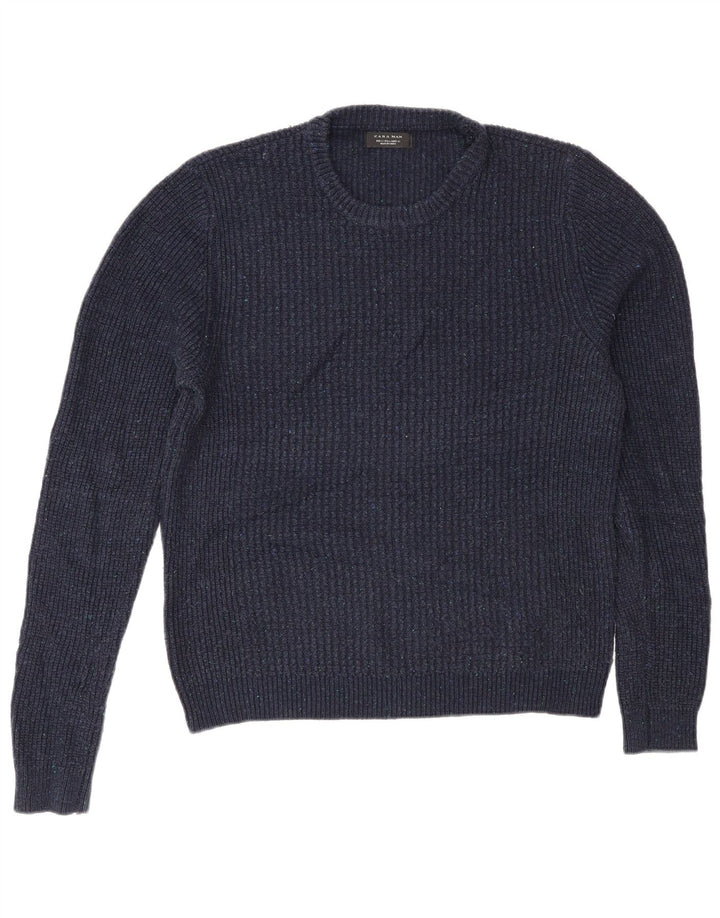 Zara Mens Crew Neck Jumper Sweater Large Navy Blue Acrylic